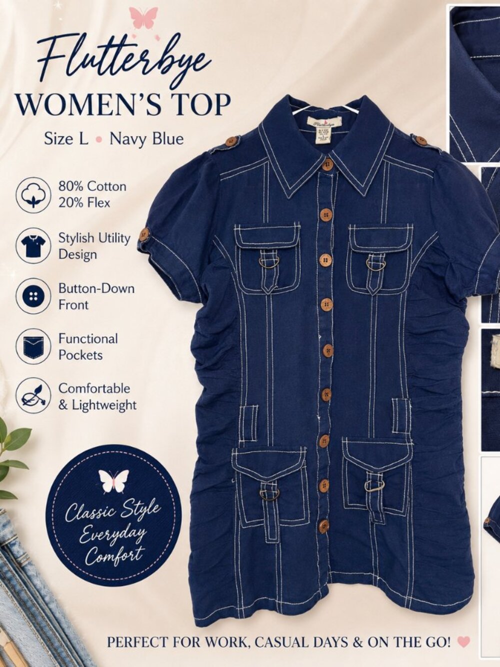 Flutterbye Women's Navy Blue Utility Button-Up Shirt Size L | Short Sleeve